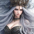 Fantasy Figure with Blue Hair, Golden Jewelry & Armor