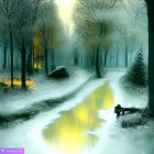 Surreal landscape with girl, crows, misty forest, golden river path