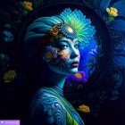 Colorful digital artwork of a woman with stylized headdress and cosmic background