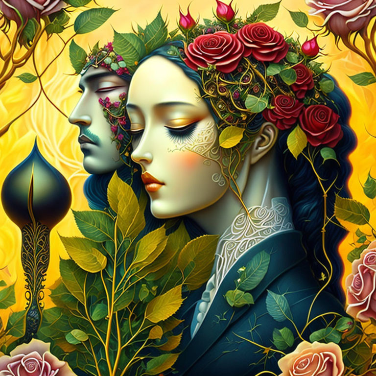 Serene woman and man profile with floral adornments in autumn setting