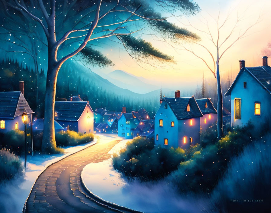 Snow-covered village evening scene with warmly lit homes and dusky sky