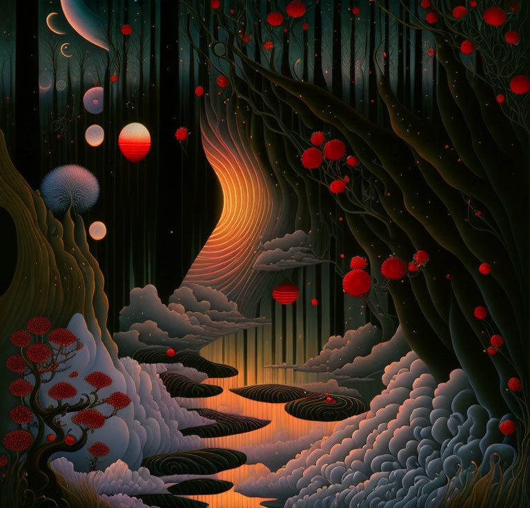 Vibrant surreal landscape with red lanterns and stylized trees