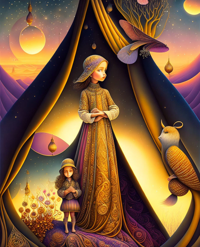 Whimsical illustration of woman and child in traditional attire under star-filled sky