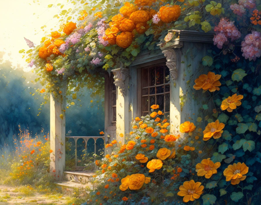 Charming cottage door with lush flowers and warm glow