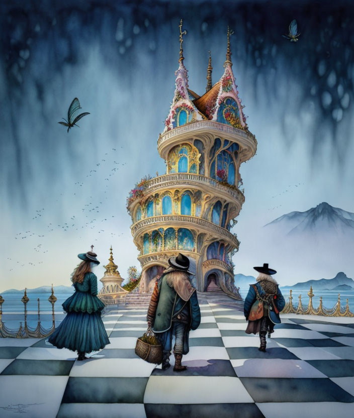 Vintage Clothing Trio Observing Floating Castle on Chessboard with Butterflies