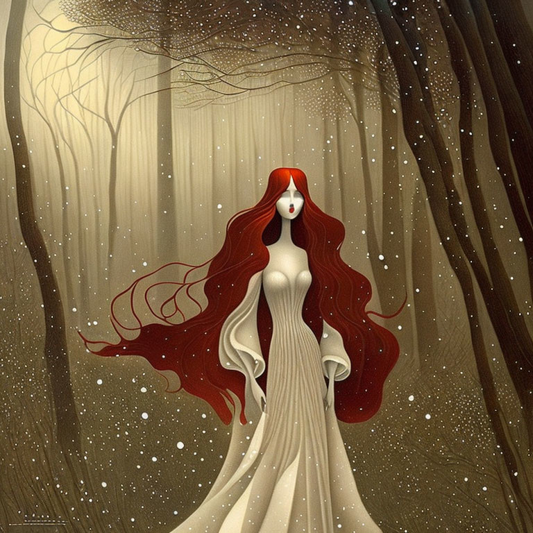 Stylized woman with red hair in cream dress in mystical forest.