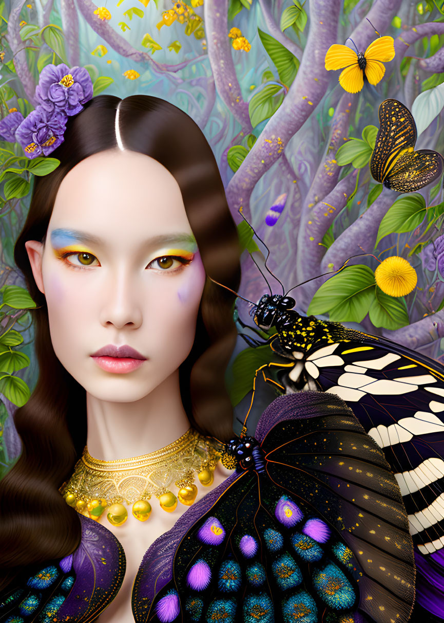 Vibrant digital portrait of woman with butterfly and flowers