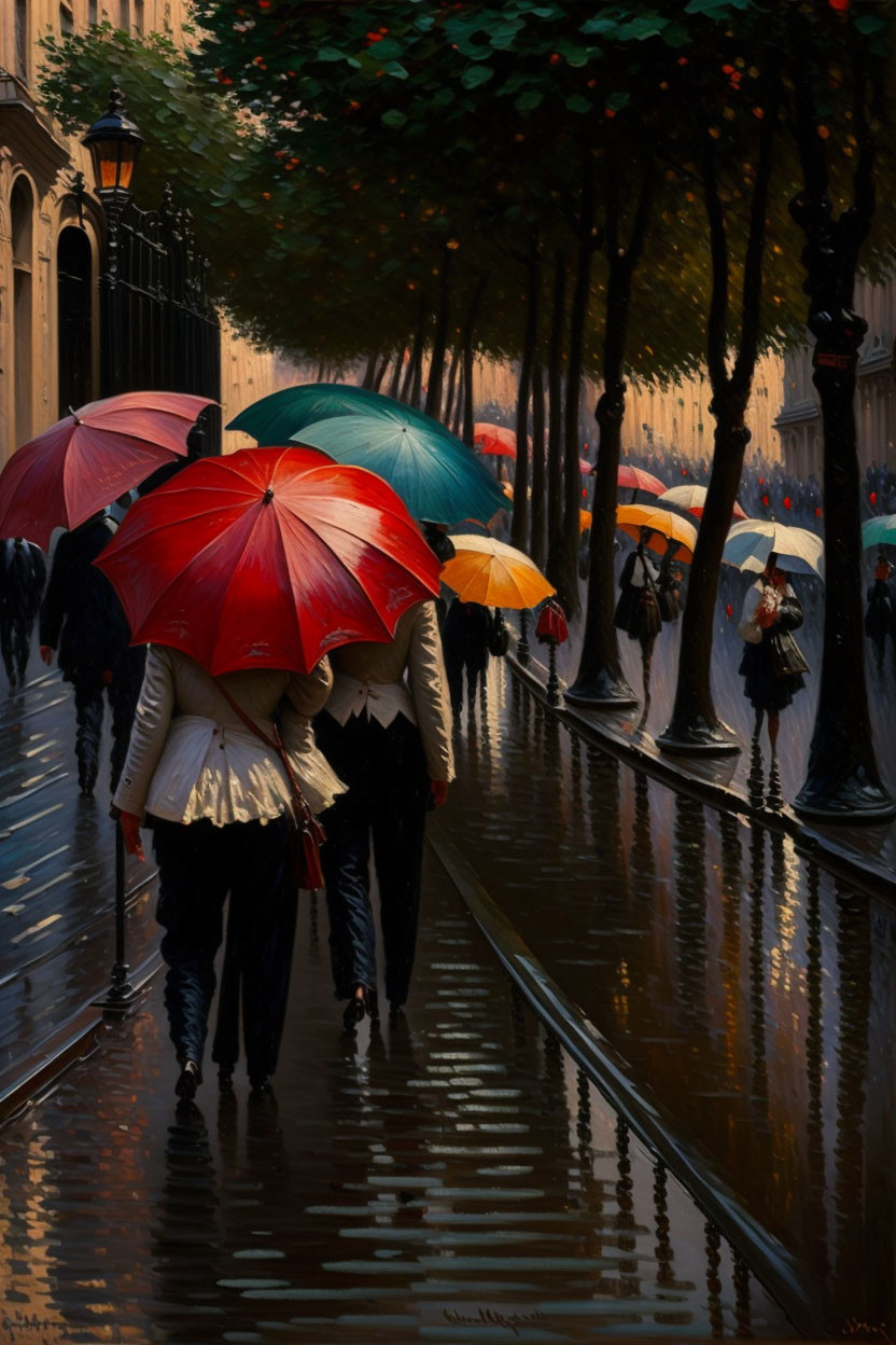 Individuals with umbrellas on a rainy street at night.