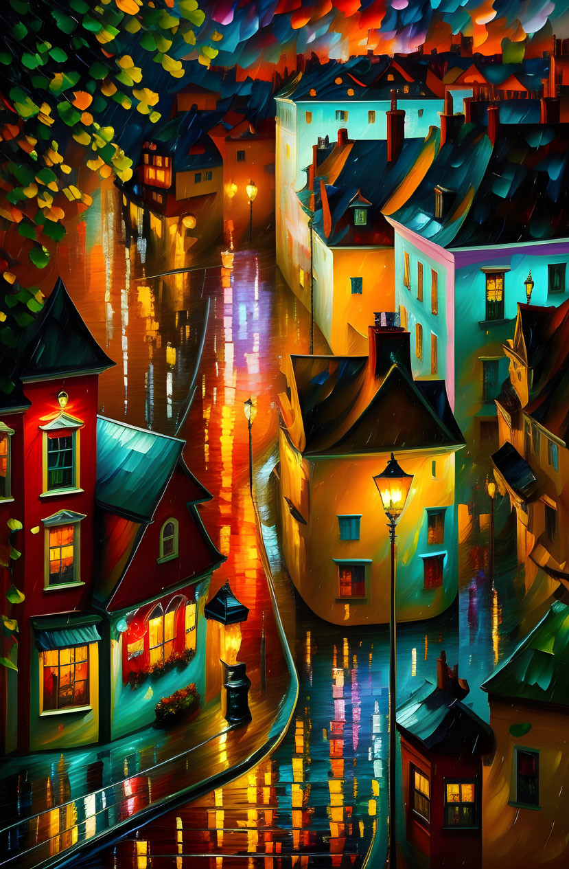 Colorful Painting: Quaint Town Night Scene with Wet Streets & Illuminated Buildings