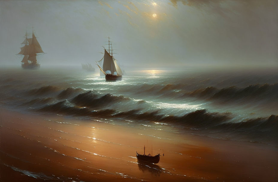 Sailing ships on rolling waves under hazy, sunlit sky