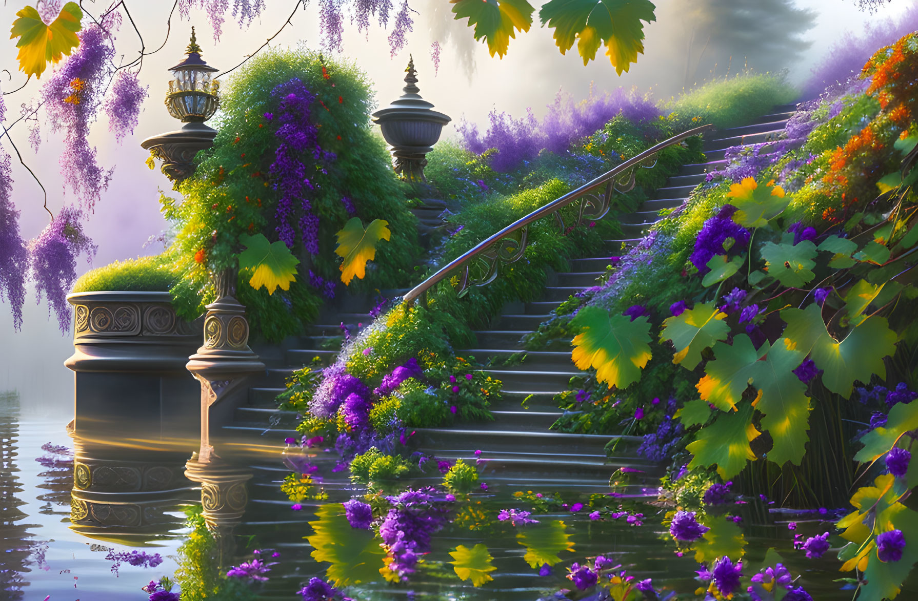 Tranquil garden scene with stone staircase, lush flowers, misty lake, and ornate lamp