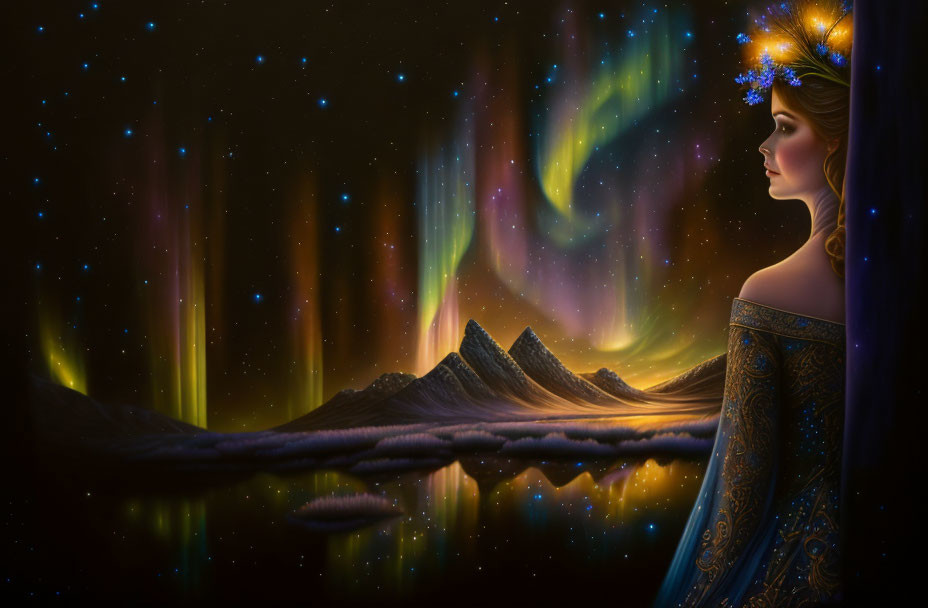 Woman in Blue Gown Admiring Northern Lights Landscape