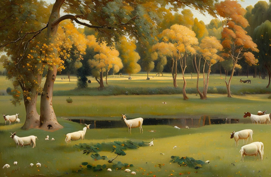 Rural landscape with grazing animals and autumn trees