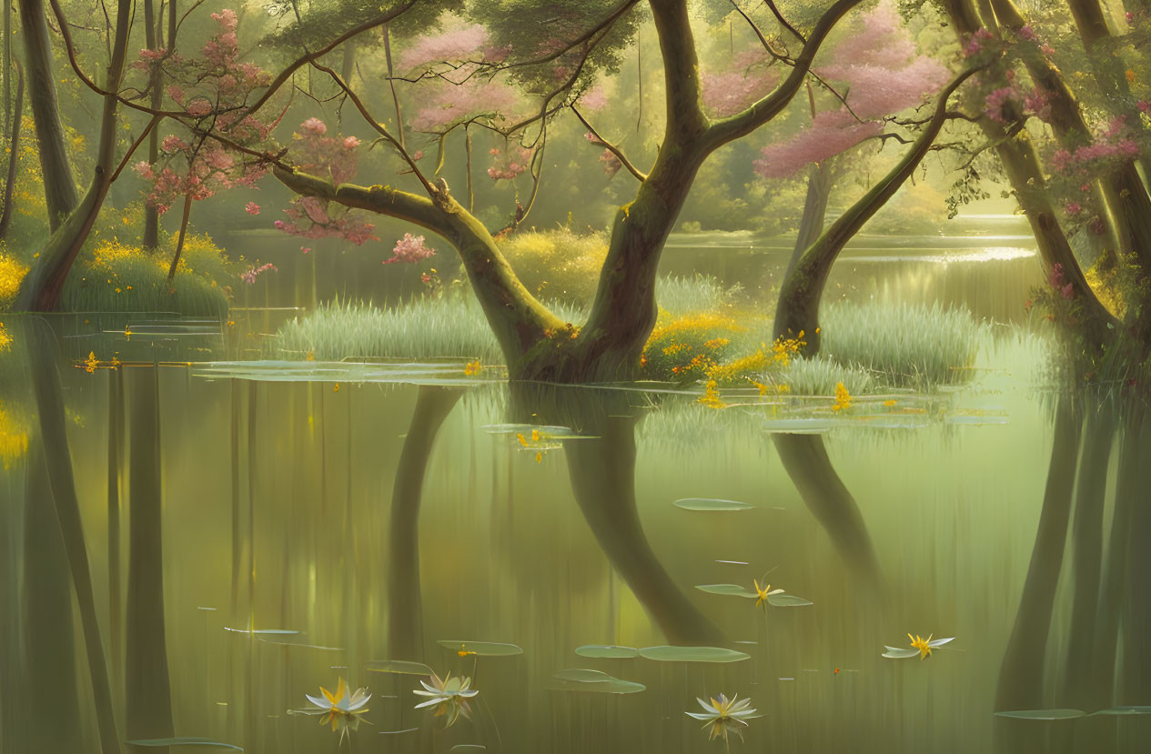 Tranquil lake scenery with trees, pink flowers, and lily pads in misty golden light