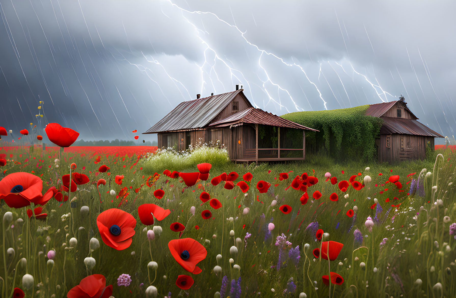 Rustic wooden cabin in vibrant poppy field under stormy sky