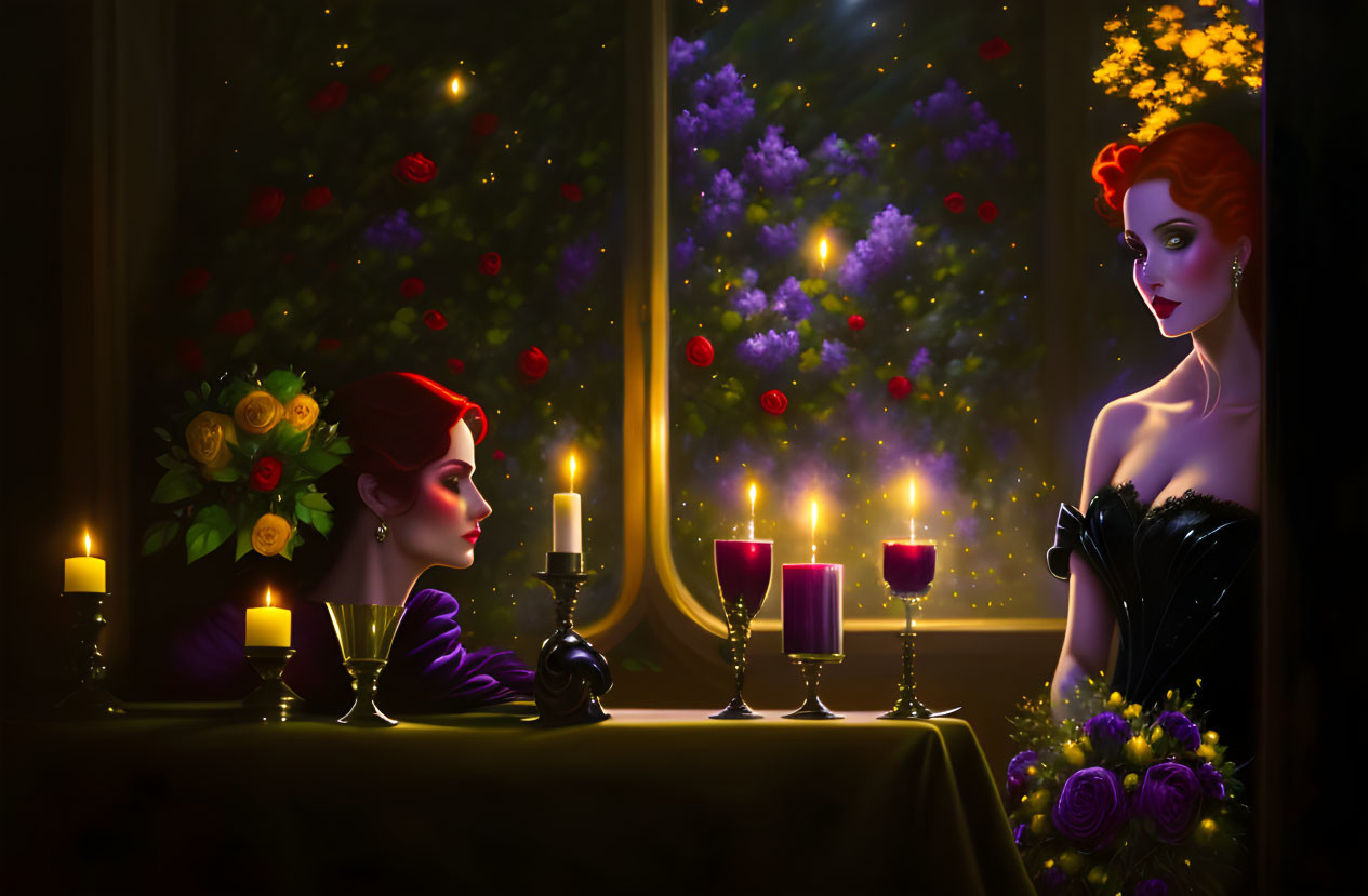 Elegant women at candlelit table near night garden view