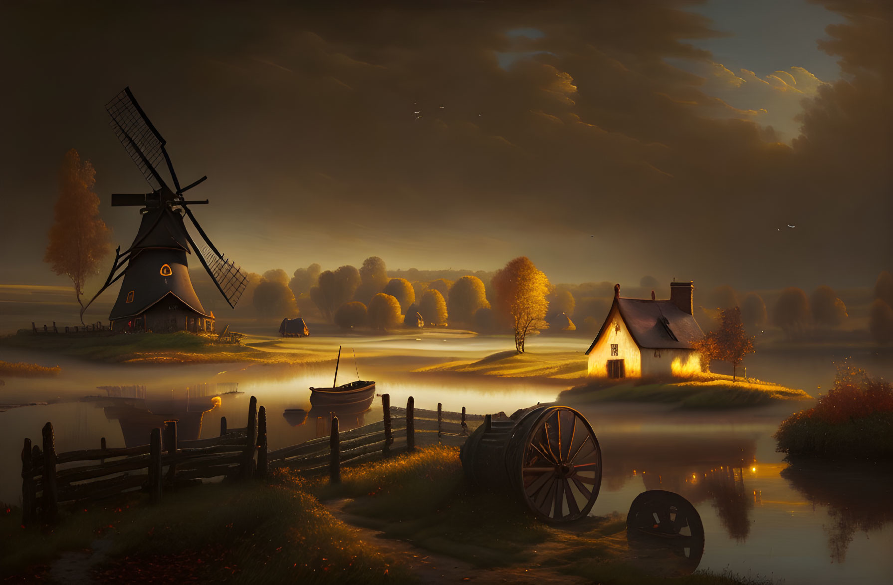 Tranquil evening landscape with glowing cottage, windmill, misty river, warm twilight sky