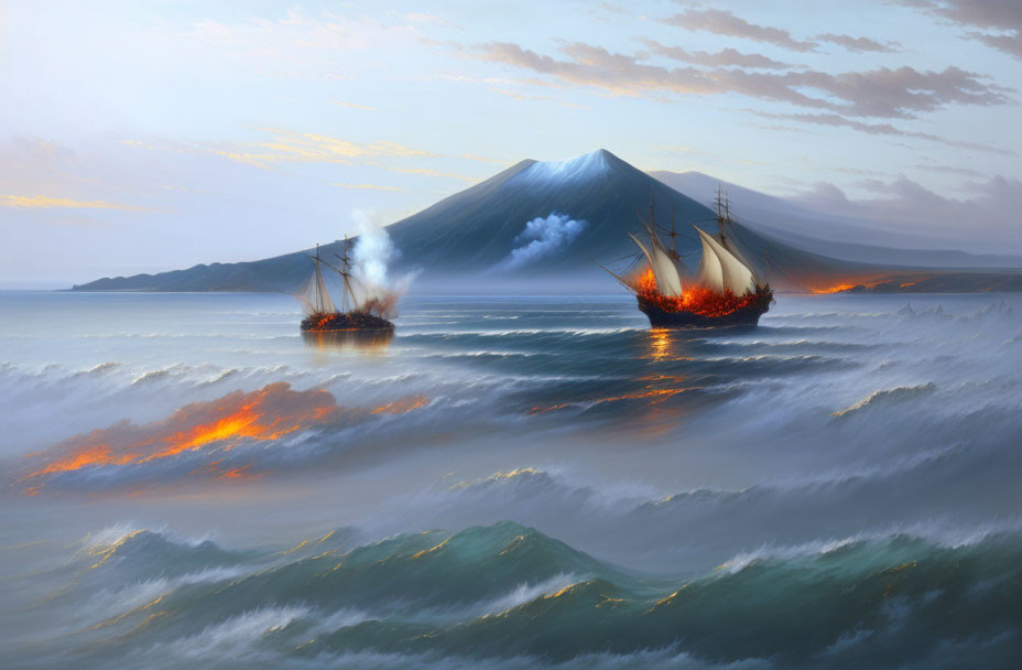 Sailing ships on fire in turbulent seas with smoking volcano at sunset