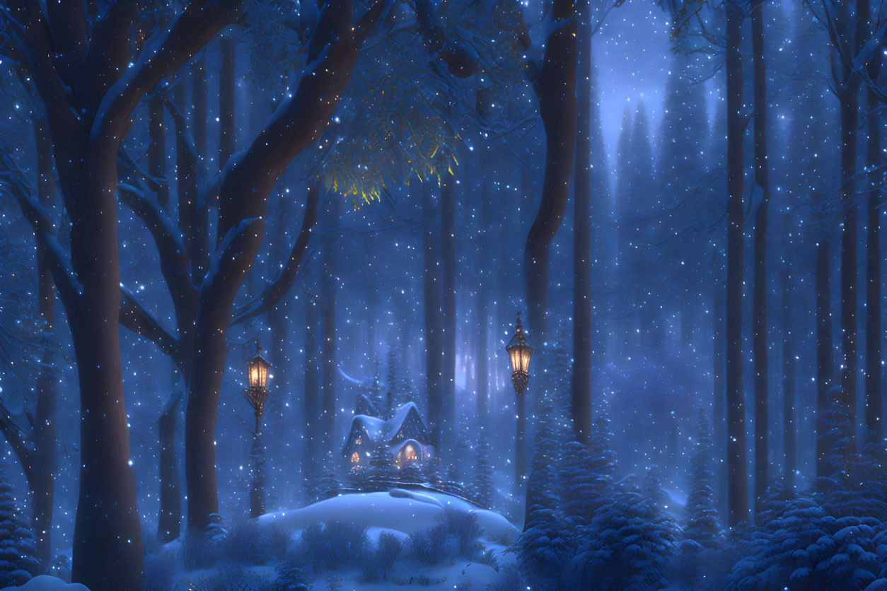 Snow-covered forest with lit lamps and cozy cottage on serene winter night