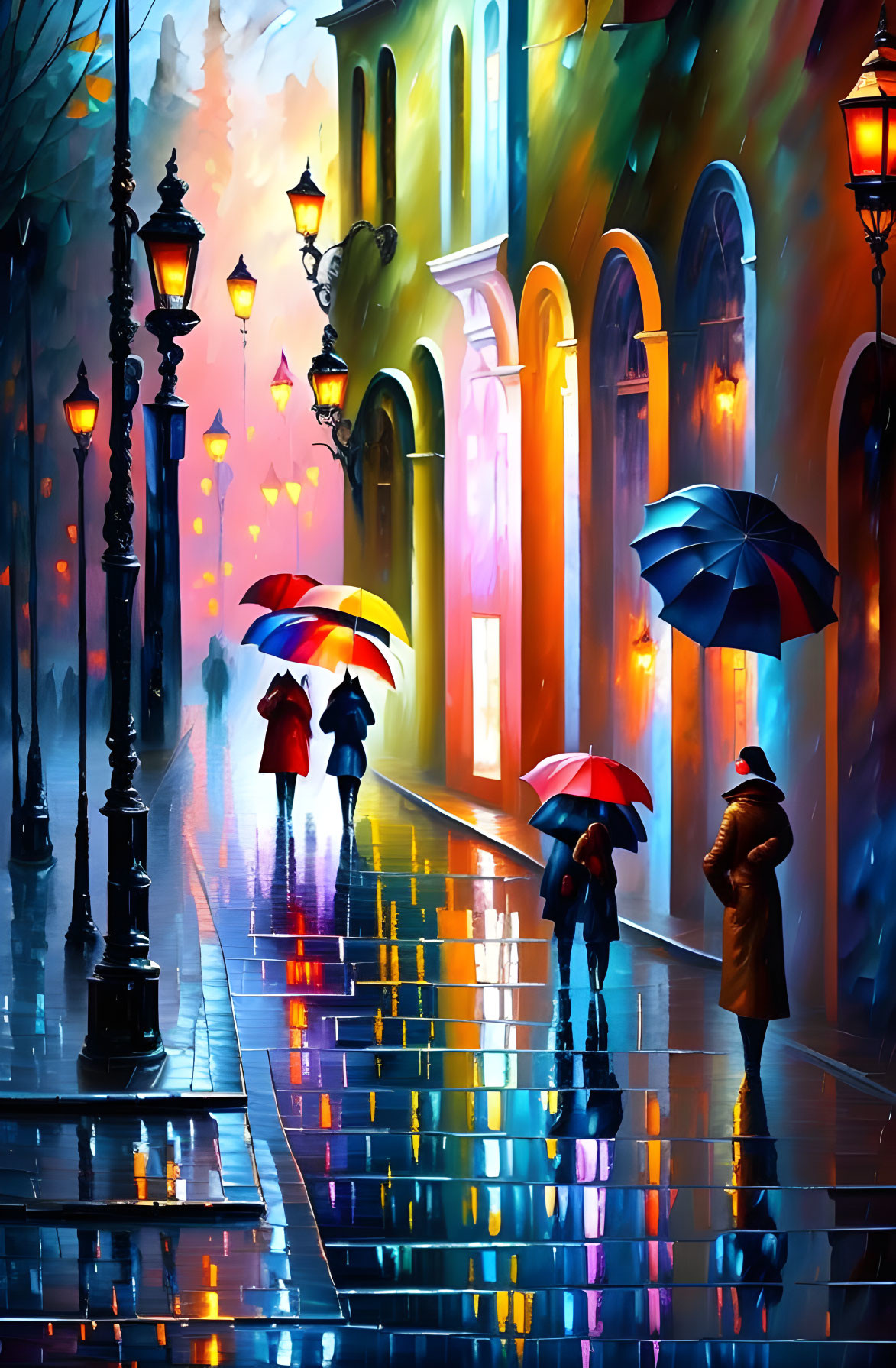 Rainy evening street scene with glowing streetlights and people holding umbrellas