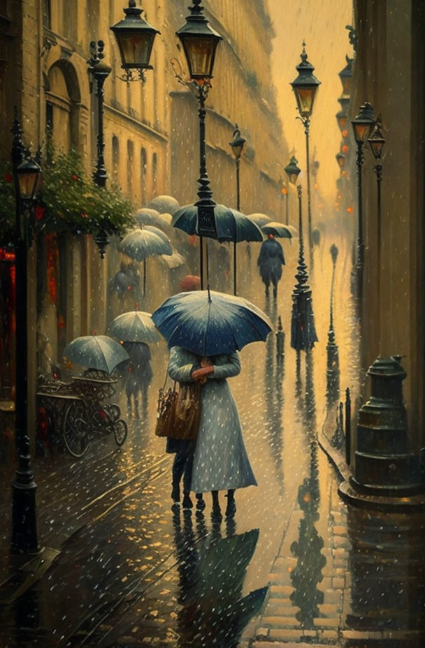 Rainy street scene with umbrellas, vintage lamps, and classical architecture