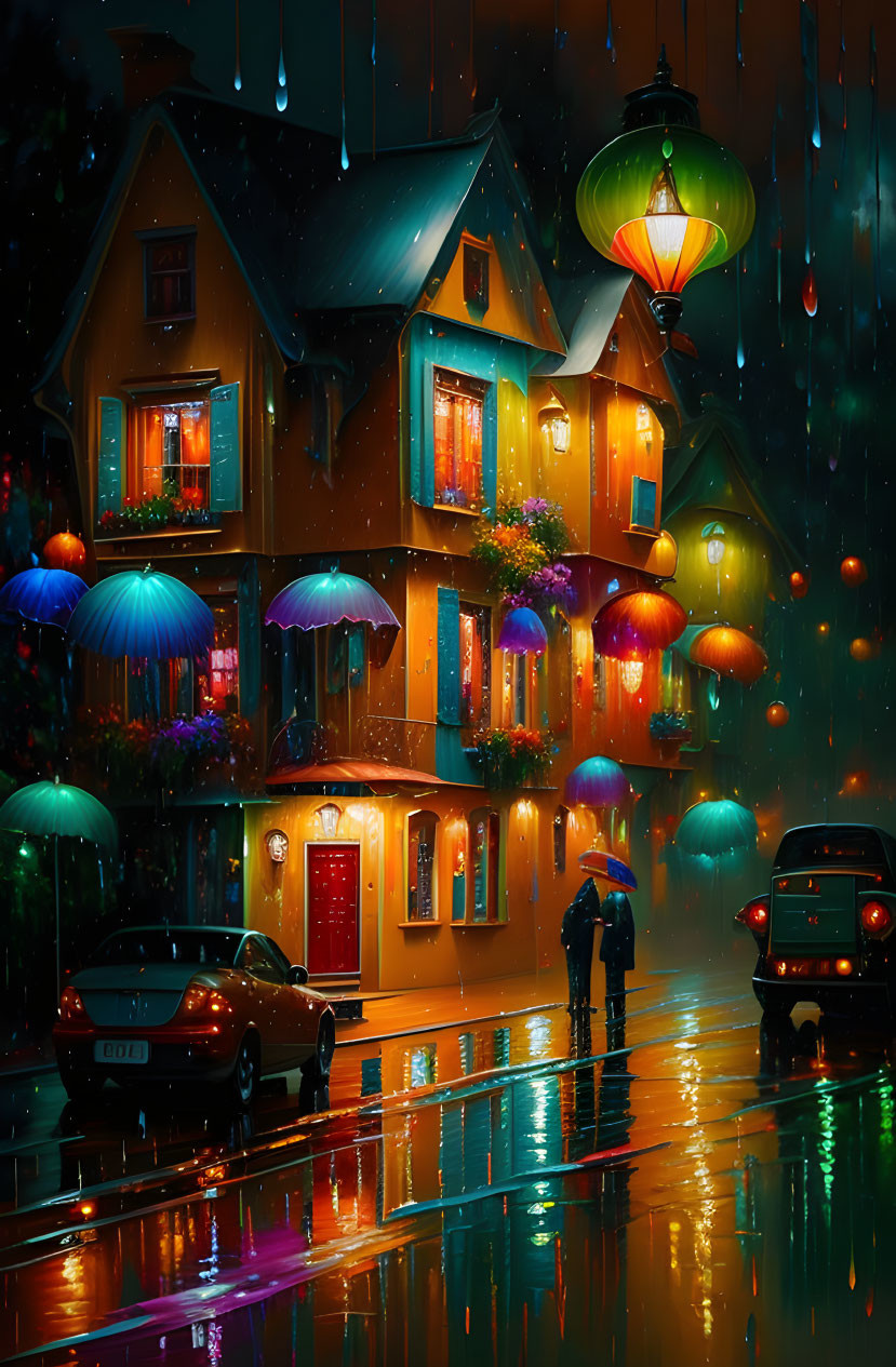 Colorful Houses and Couple Under Umbrella on Rainy Night