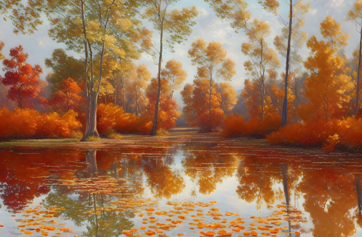 Vibrant autumn landscape with orange and yellow foliage reflecting in tranquil water