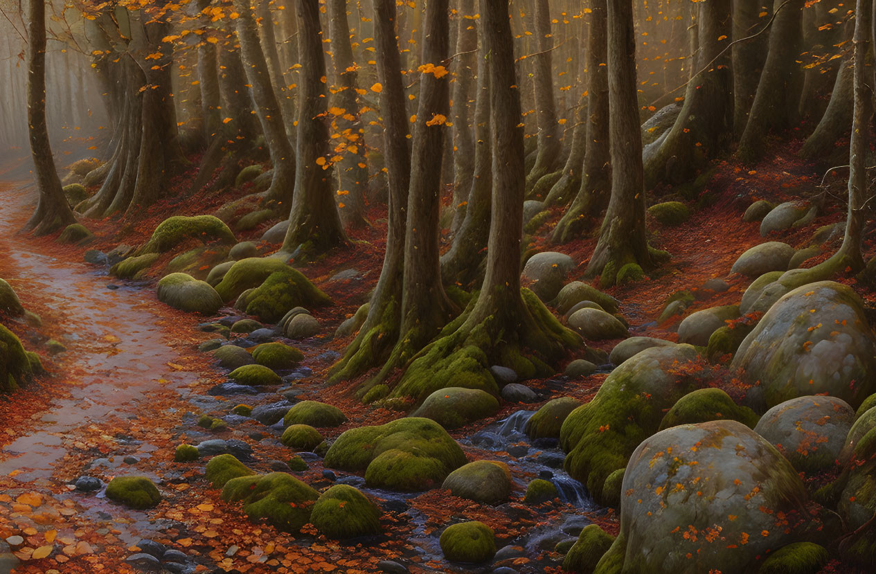 Tranquil forest scene with moss, rocks, trees, and autumn leaves