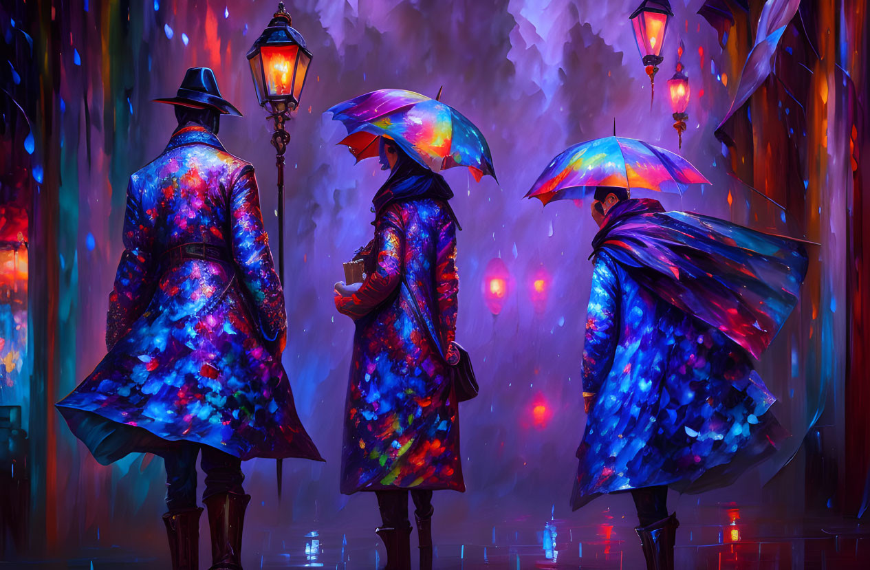 Colorful individuals with star-patterned coats and umbrellas in neon-lit rainy street