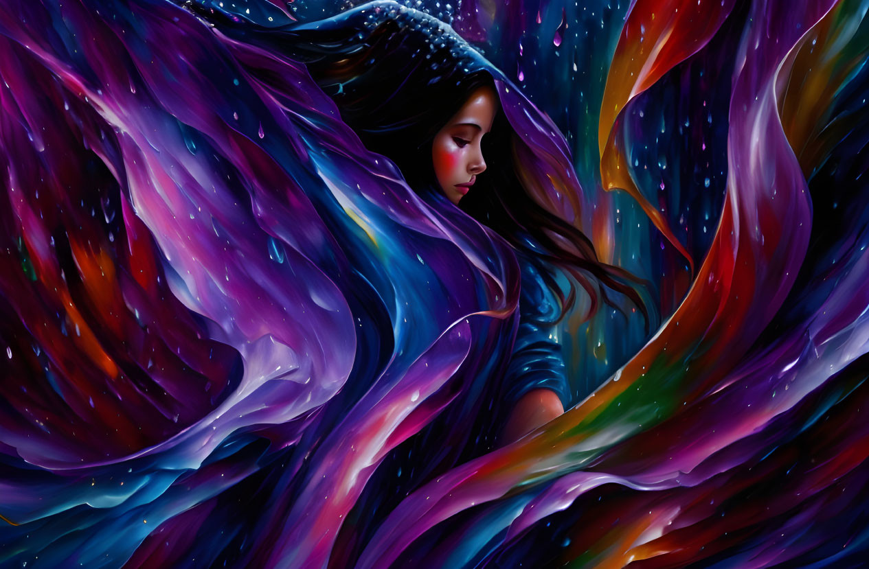 Woman surrounded by vivid cosmic waves and sparkling stars