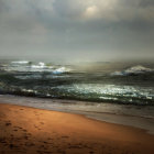 Sailing ships on rolling waves under hazy, sunlit sky