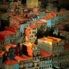 Abstract Depiction of a Colorful Hillside Village