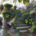 Tranquil garden scene with stone staircase, lush flowers, misty lake, and ornate lamp