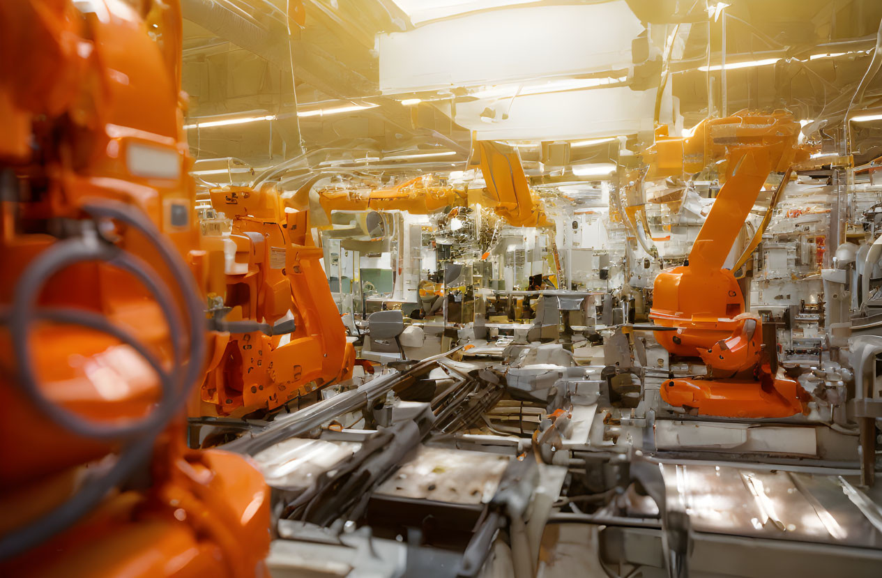 Robot-Dominated Factory Floor with Orange Robotic Arms