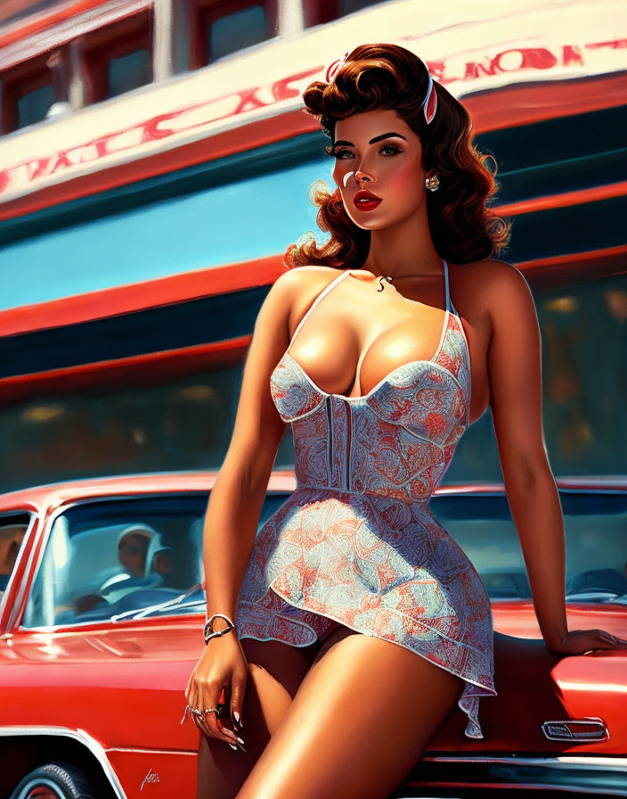 Vintage pin-up fashion illustration with lacey outfit and classic cars in background