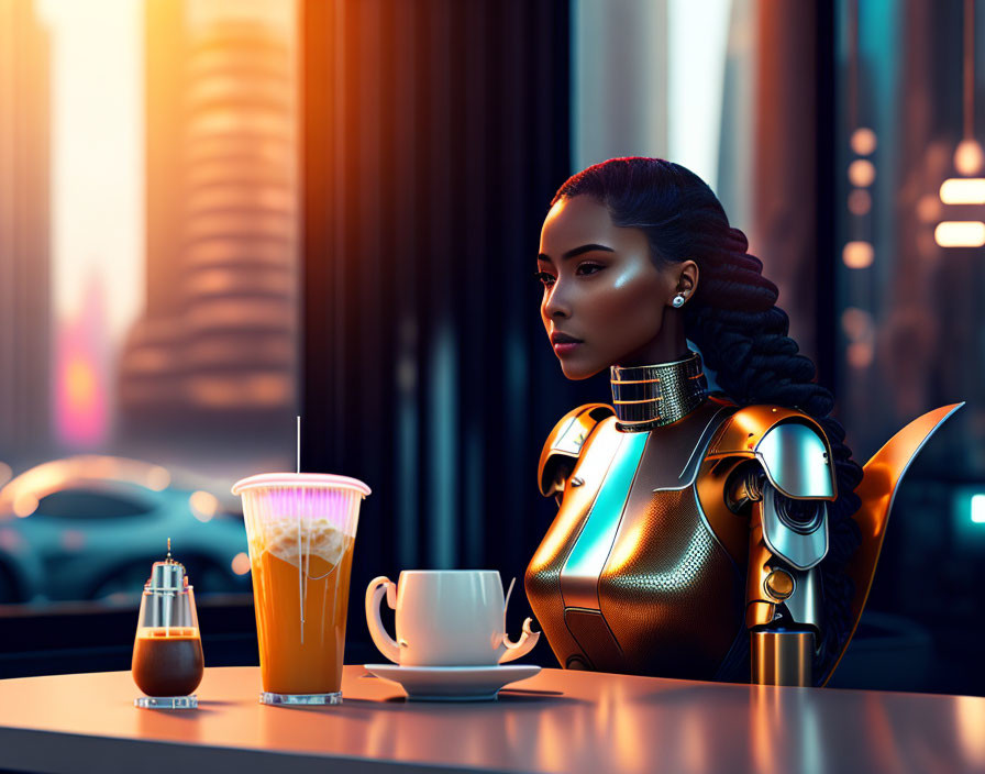 Futuristic robotic woman at bar with cityscape backdrop and drinks.