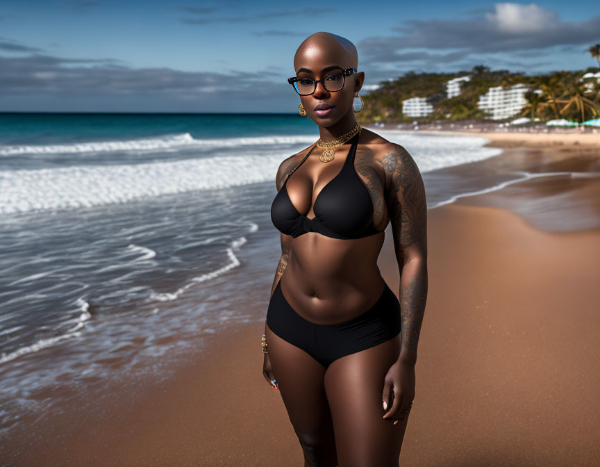 Bald person in glasses and black bikini on beach with ocean and buildings