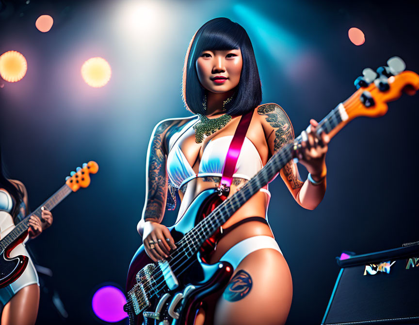 3D-rendered woman with tattoos playing bass guitar on stage