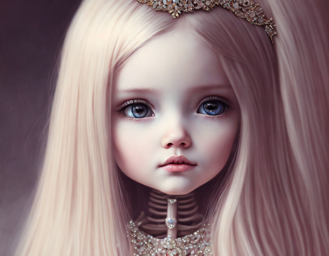 Doll-like girl with blue eyes, pale skin, blonde hair, and headpiece