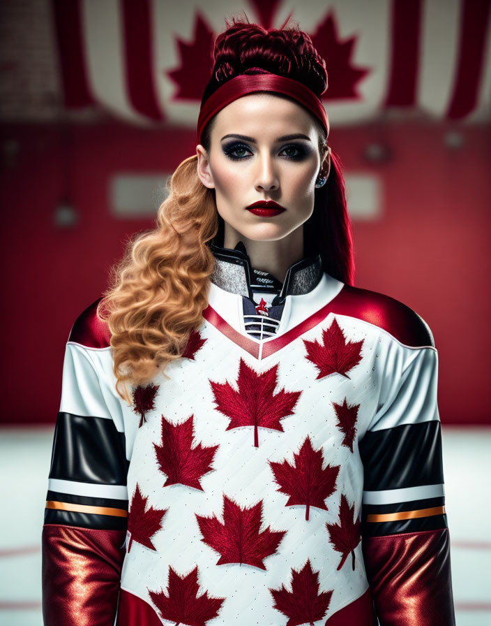 Woman in red maple leaves hockey jersey with bold makeup and headband