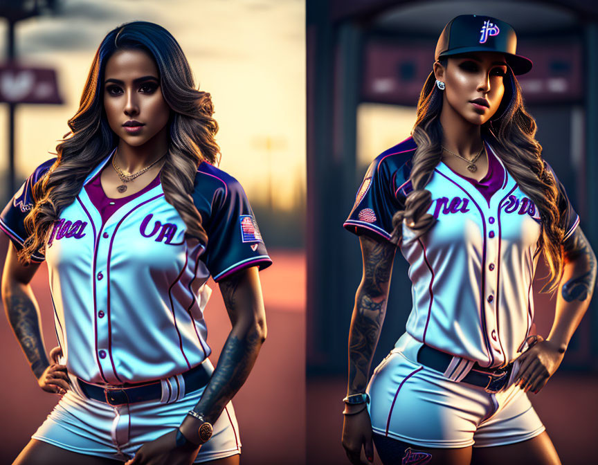 Stylish woman in baseball jersey and cap on sunset baseball field