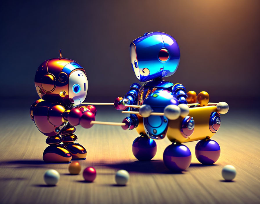 Stylized robots playing pool on colorful wooden table