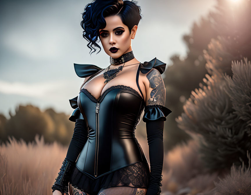 Dark-haired woman in gothic corset, lace gloves, and choker outdoors