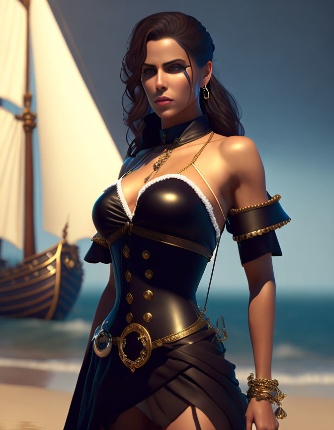 Dark-haired female pirate in black corset and skirt on beach with ship.