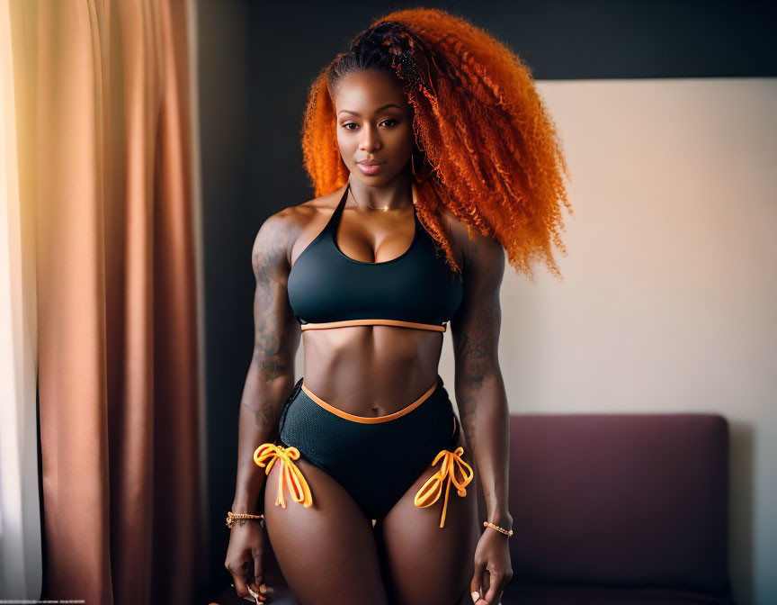 Vibrant orange-haired woman with tattoos in athletic wear against warm interior background