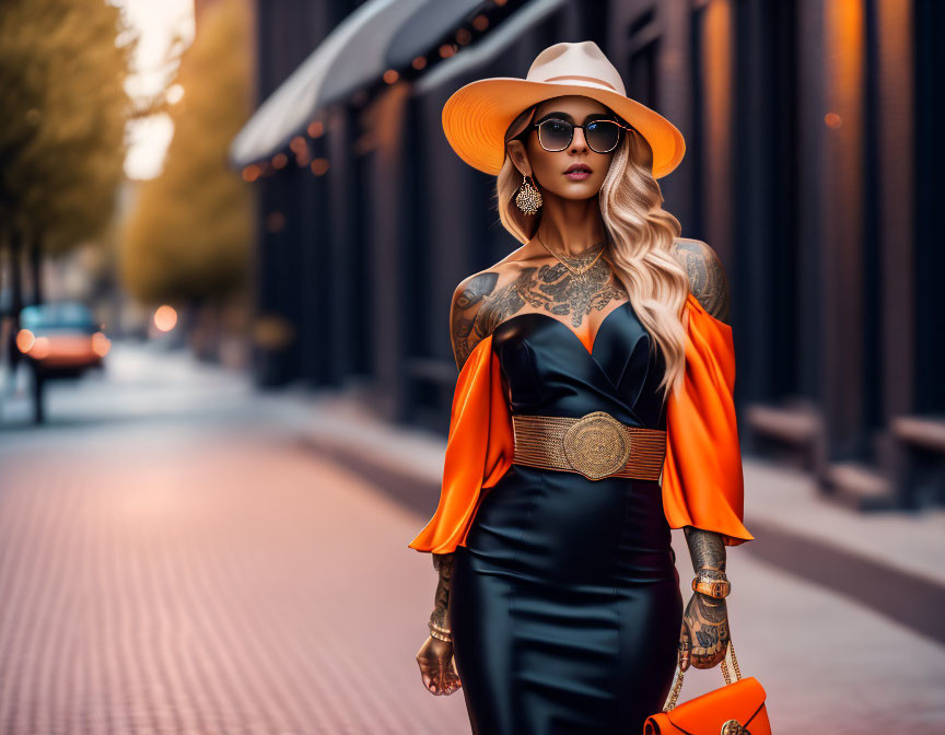 Fashionable woman in black and orange outfit with wide-brimmed hat and sunglasses flaunting stylish tattoos