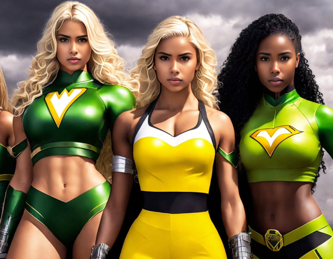 Three women in matching superhero costumes with lightning bolt emblem on cloudy sky backdrop.