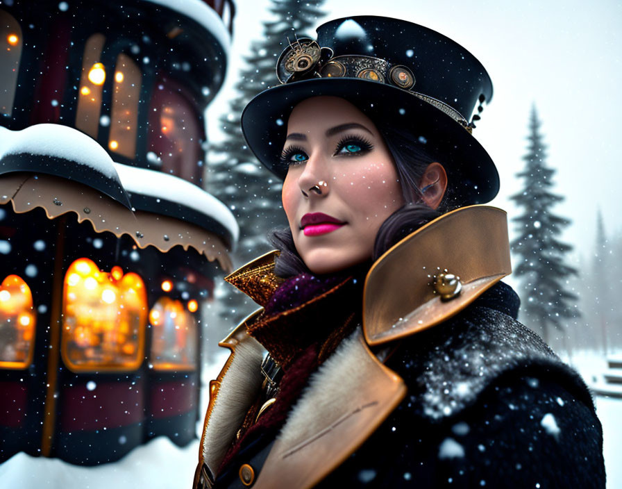 Steampunk woman in top hat and goggles standing in snow with warm-lit building.