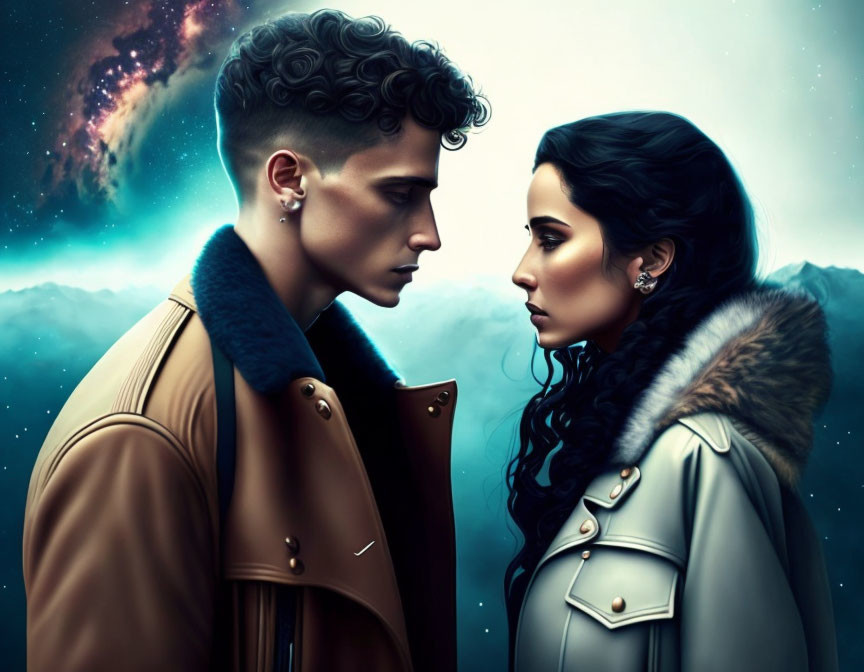 Stylized people in fashionable coats against cosmic backdrop