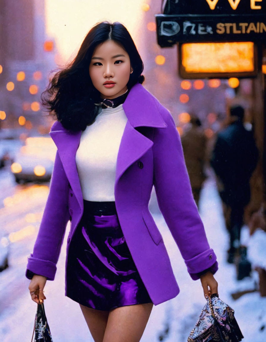 Stylish woman in purple coat strolls busy city street at twilight